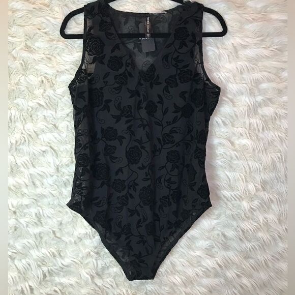 Torrid Black Flocked Mesh V-Neck Bodysuit Rose Design, Soft, Stretch, NW… - Picture 6 of 16